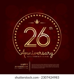 26th anniversary logo with double line number and golden text for birthday celebration event, invitation, banner poster, flyer, and greeting card, vector template