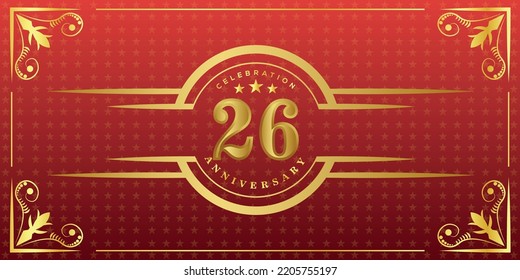 26th anniversary logo with golden ring, confetti and gold border isolated on elegant red background, sparkle, vector design for greeting card and invitation card
