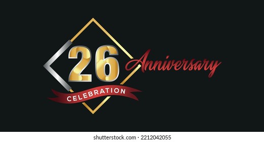 26th anniversary logo with golden and silver box, confetti and red ribbon isolated on elegant black background, vector design for greeting card and invitation card
