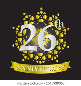 26th anniversary logo with silver and gold ribbon. Vector design template elements for your birthday celebration.