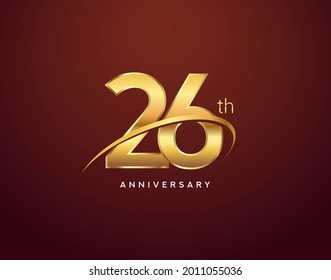 26th anniversary logotype golden color with swoosh, isolated on elegant background for anniversary celebration event.