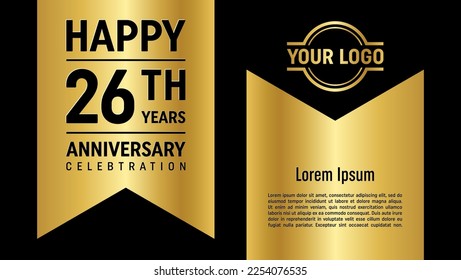 26th anniversary template design concept with golden ribbon. Vector Template illustration