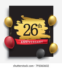 26th anniversary template design on golden brush background and balloon, vector design for greeting card and invitation card, Birthday celebration