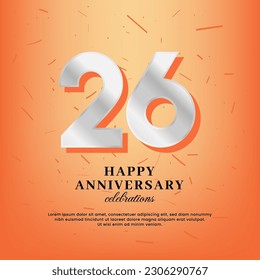 26th anniversary vector template with a white number and confetti spread on an orange background