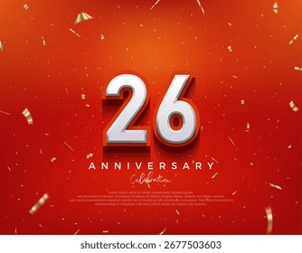 26th Anniversary. with white 3d numbers on fancy red background. Premium vector background for greeting and celebration.