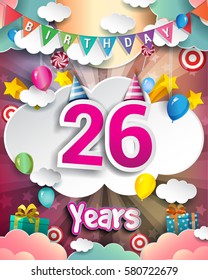 26th Birthday Celebration greeting card Design, with clouds and balloons. Vector elements for the celebration party of twenty six years anniversary