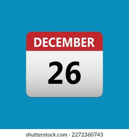 26th December calendar icon. December 26 calendar Date Month icon. Isolated on blue background