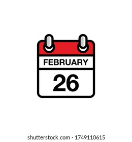 26th of February flat icon calendar date, time, day, month schedule. Vector illustration design