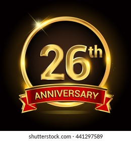 26th golden anniversary logo with ring and red ribbon isolated on black background, vector design for birthday celebration, marriage, corporate, and your business.