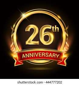 26th golden anniversary logo with ring and red ribbon, vector design.