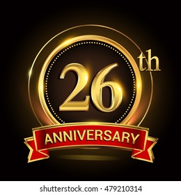 26th golden anniversary logo with ring and ribbon. Vector design template elements for your birthday celebration.