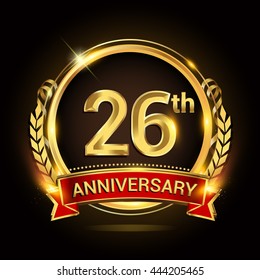 26th golden anniversary logo, with shiny ring and red ribbon, laurel wreath isolated on black background, vector design