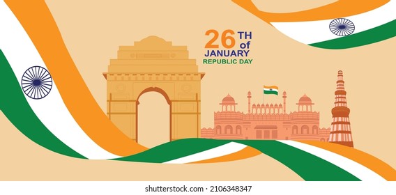 26th of January celebration poster. Republic day banner template with waving INDIA Flag on Light gold Background. Vector EPS10 illustration. illustration of Happy Republic Day of India background