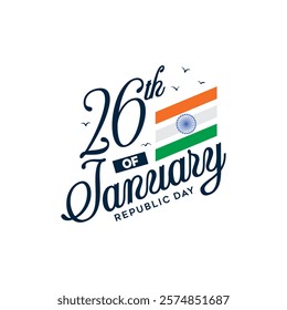 26th of January hand written text vector illustration with orange and green color and india flag stripes. 26th January India Republic Day. Banner, poster, greeting card. 26th January typography.