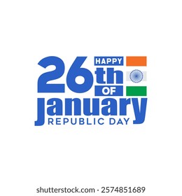 26th of January hand written text vector illustration with orange and green color and india flag stripes. 26th January India Republic Day. Banner, poster, greeting card. 26th January typography.