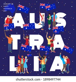 26th January Happy Australia Day, Vector Square Banner With Diverse People Waving Australian Flags. Cheerful Young And Elderly Men And Women With Kids. Families Celebrating Together. Australia Text With With Big Letters.