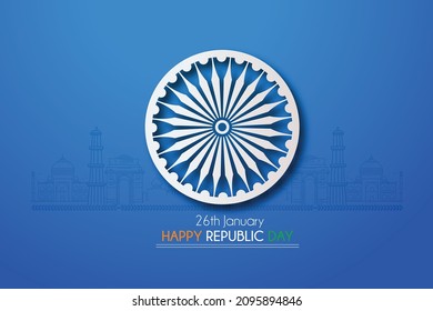 26th January Happy Indian Republic Day With Tricolor, Indian Flag, Ashoka Chakra Background 