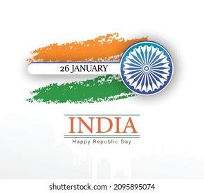 26th January Happy Indian Republic Day With Tricolor, Indian Flag, Ashoka Chakra Background 