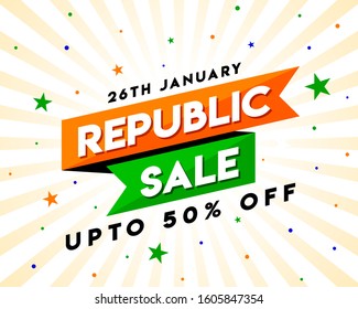 26th January. Happy Republic Day of India Sale upto 50% off discount. Concept, Template, Banner, Logo Design, Icon, Poster, Unit, Label, Web Header, Mnemonic with Celebration orange Rays Background