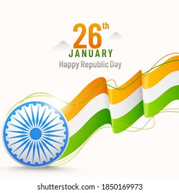 26th January Happy Republic Day Poster Design With Ashoka Wheel And Wavy Tricolor Ribbon On White Background.