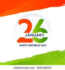 26th January, Happy Republic Day Poster Design With Saffron, Green Brush Effect And Mandala Pattern On White Ashoka Wheel Background.
