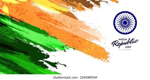26th January Happy Republic Day of India. Indian Tricolor Flag Illustration in Brush Style