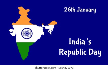 26th January India Republic Day vector greeting card with map of India in national Indian flag style, orange, white and green tricolor with Ashok Wheel on blue background.