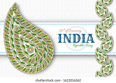 26th of January India Republic Day. Greeting card with arabesque floral pattern. Paisley and Mandala. Vector illustration.