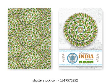 26th of January India Republic Day. Greeting card with arabesque floral pattern. Paisley and Mandala. Vector illustration.