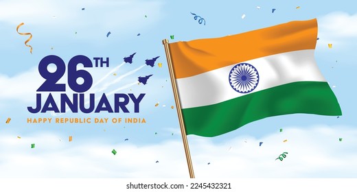 26th January Indian republic day banner. 
flag flying in the sky with confetti around