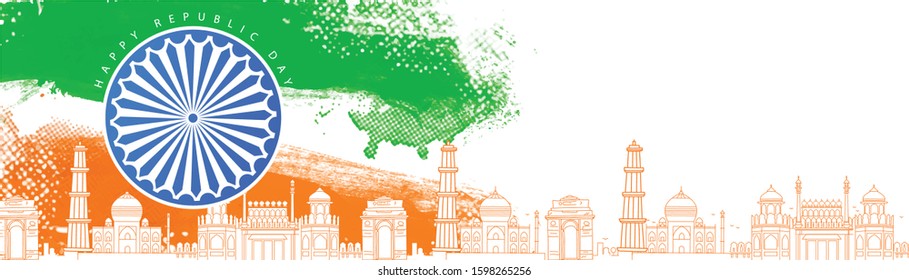 26th January Republic Day of India with monument, ashoka chakra, tricolour, pigeon