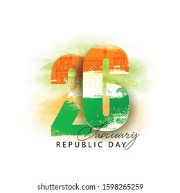26th January Republic Day of India with monument, ashoka chakra, tricolour, pigeon