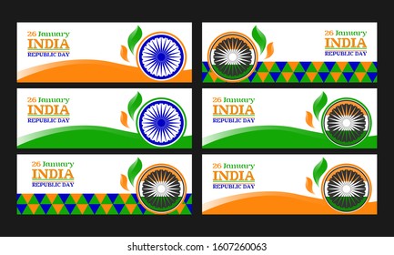 26th January Republic Day of India. Set of six banners. Background, poster, greeting card, banner design with ashoka chakra, tricolor. Vector EPS 10