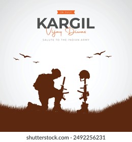 26th July - Kargil Vijay Diwas Post and Greeting Card. Kargil Victory Day Celebration with Text and Solder Kneeling  Vector Illustration