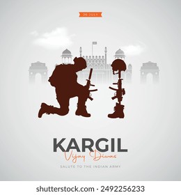 26th July - Kargil Vijay Diwas Post and Greeting Card. Kargil Victory Day Celebration with Text and Solder Kneeling  Vector Illustration