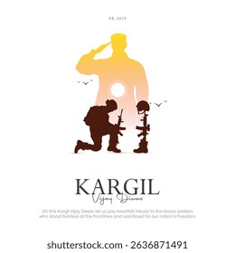 26th July - Kargil Vijay Diwas Post and Greeting Card. Kargil Victory Day Celebration with Text and Solder Kneeling Vector Illustration