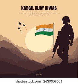 26th July - Kargil Vijay Diwas Banner and Greeting Card. Kargil Victory Day Celebration with Text and Solder Kneeling Vector Illustration