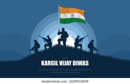 26th July - Kargil Vijay Diwas Banner and Greeting Card. Kargil Victory Day Celebration with Text and Solder Kneeling Vector Illustration.