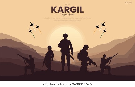 26th July - Kargil Vijay Diwas Banner and Greeting Card. Kargil Victory Day Celebration with Text and Solder Kneeling Vector Illustration.