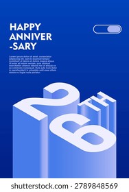 26th Modern anniversary poster template featuring a bold 3d isometric number on a vibrant blue background.
