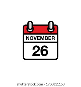 26th of November flat day of the month calendar icon. Date and time schedule concept. Vector illustration design