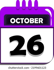 26. Oktober. Kalender mit Datum Nummer sechsundzwanzig, sechsundzwanzigster Oktober, Monat Oktober
