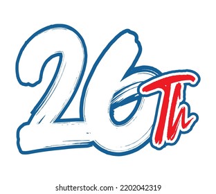 26th Ordinal Number counting vector art illustration with stunning font on red trim blue on white background
