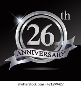 26th silver anniversary logo with ring and ribbon. Vector design template elements for your birthday celebration.