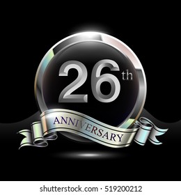 26th silver anniversary logo, vector celebration design with ring and ribbon.