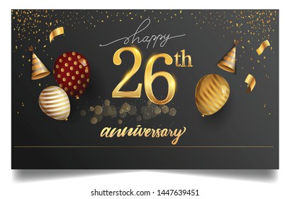 26th years anniversary design for greeting cards and invitation, with balloon, confetti and gift box, elegant design with gold and dark color, design template for birthday celebration.