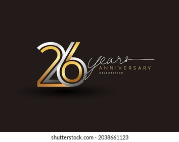 26th years anniversary logotype with multiple line silver and golden color isolated on black background for celebration event.