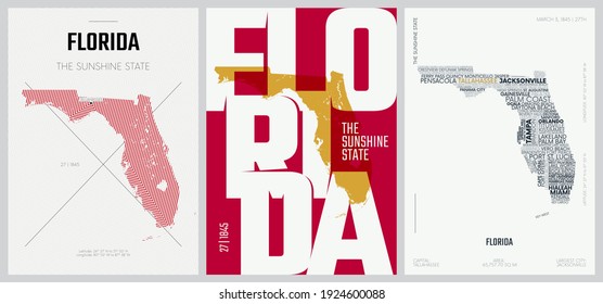 27 of 50 sets, US State Posters with name and Information in 3 Design Styles, Detailed vector art print Florida map