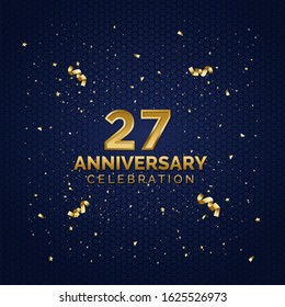 27 Anniversary celebration with gold number and ribbon on the abstract blue background. abstract background template. 