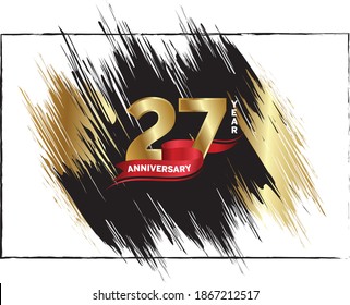 27 Anniversary celebration, Luxury anniversary template over gold and black brush, Golden number with red ribbon isolation background, Party event decoration, Vector.